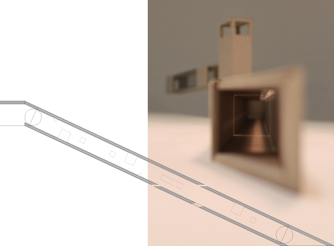 Entwurf Kanalüberführung Münster-Gelmer von Maria Rieping und Melanie Biermann bei Prof. Schilling_ Grundriss und Modellfoto